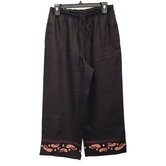 Style & Co Linen Cropped Wide Leg Pants Drawstring Embroidered Paisley SP - Picture 2 of 11